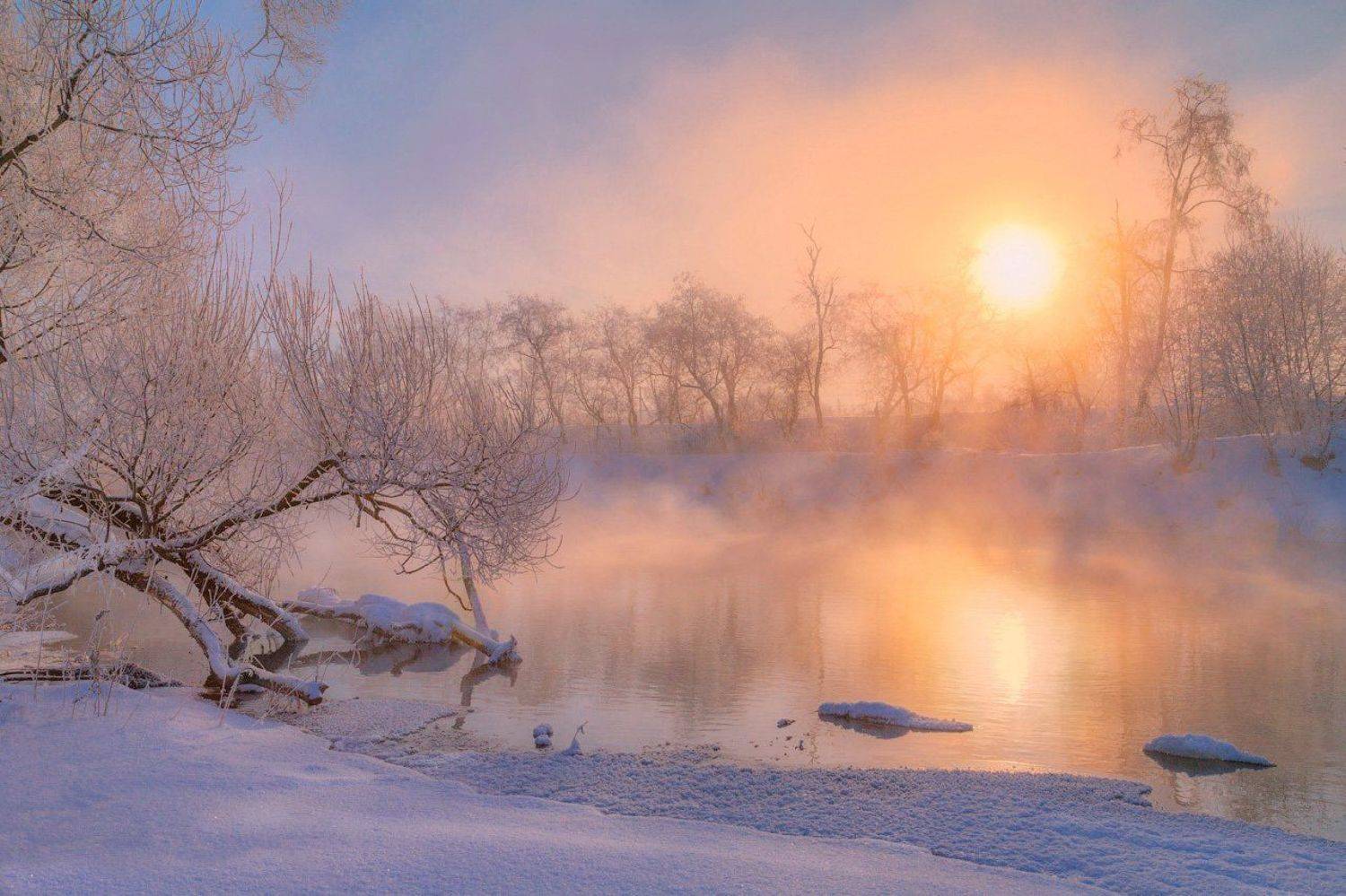 утро, зима, туман, солнце, рассвет, река, Виктор Климкин