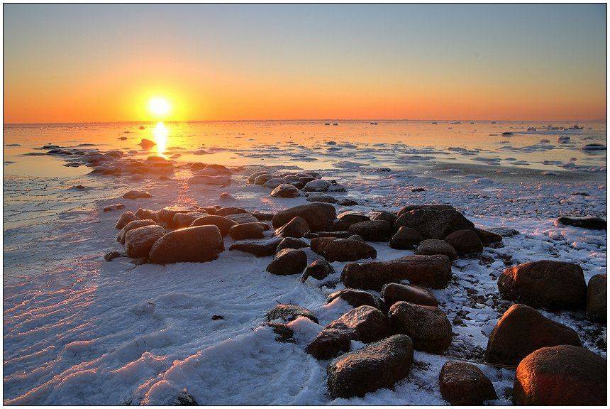 вечер, залив, закат, зима, снег, солнце, Григорий Иващенко