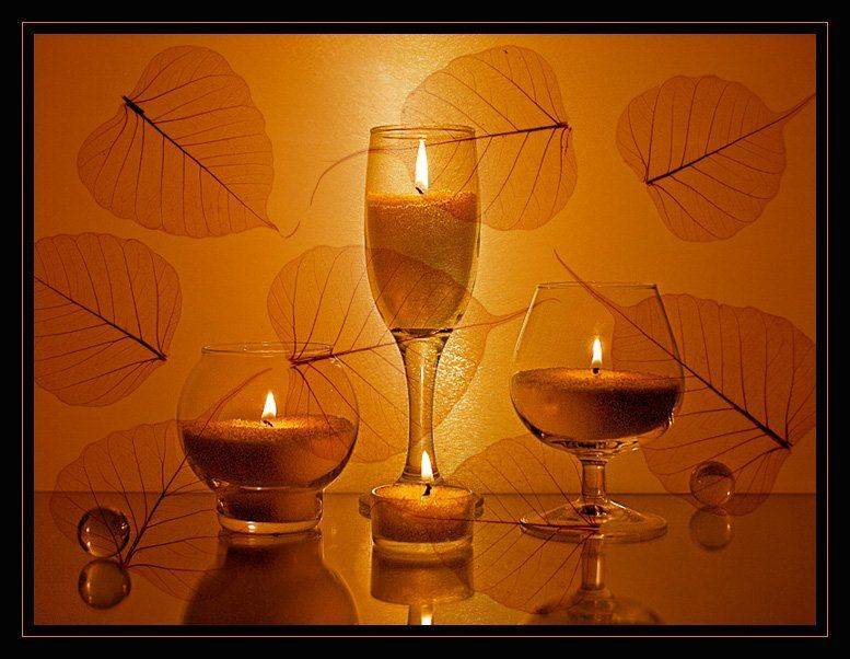 бокалы, свечи, листья, осень, стекло, натюрморт, Ирина