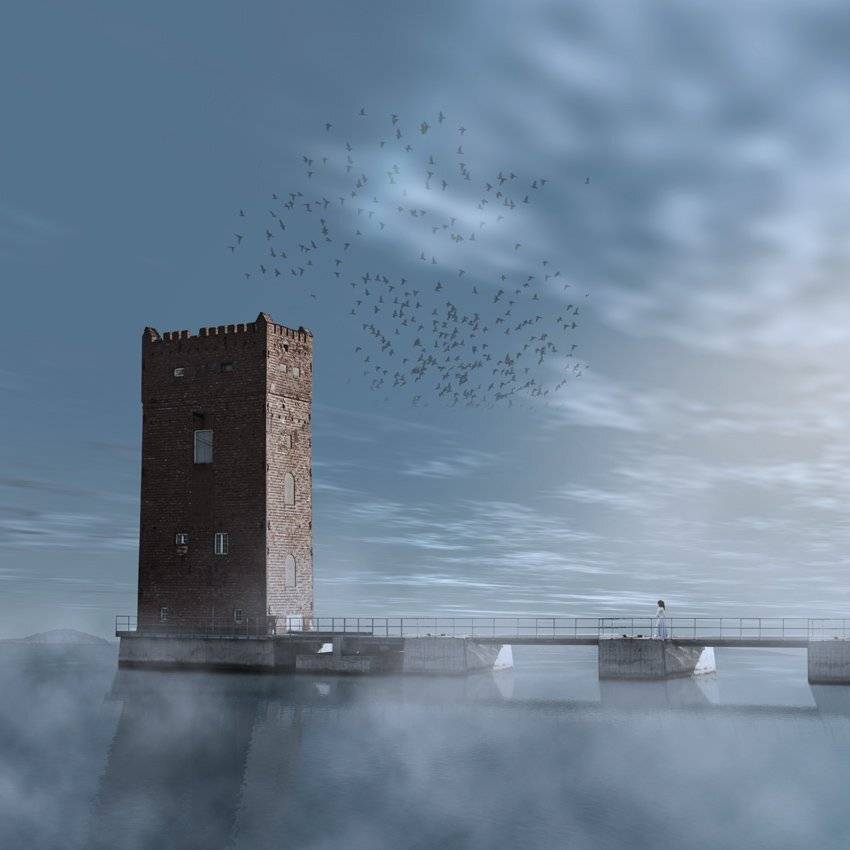 tower, lake, water, mist, fog, muse, girl, Caras Ionut