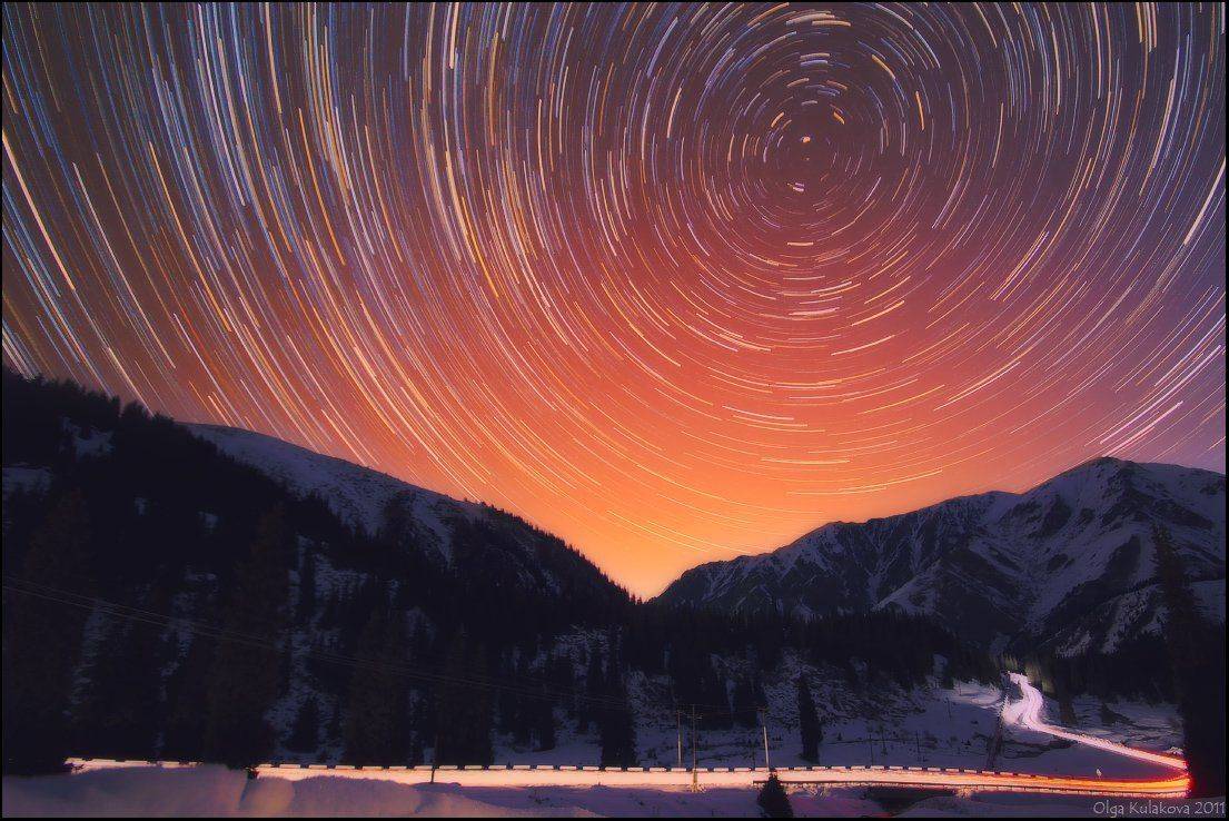 ночь, звезды, большое, алматинское, ущелье, startrails, Ольга Кулакова