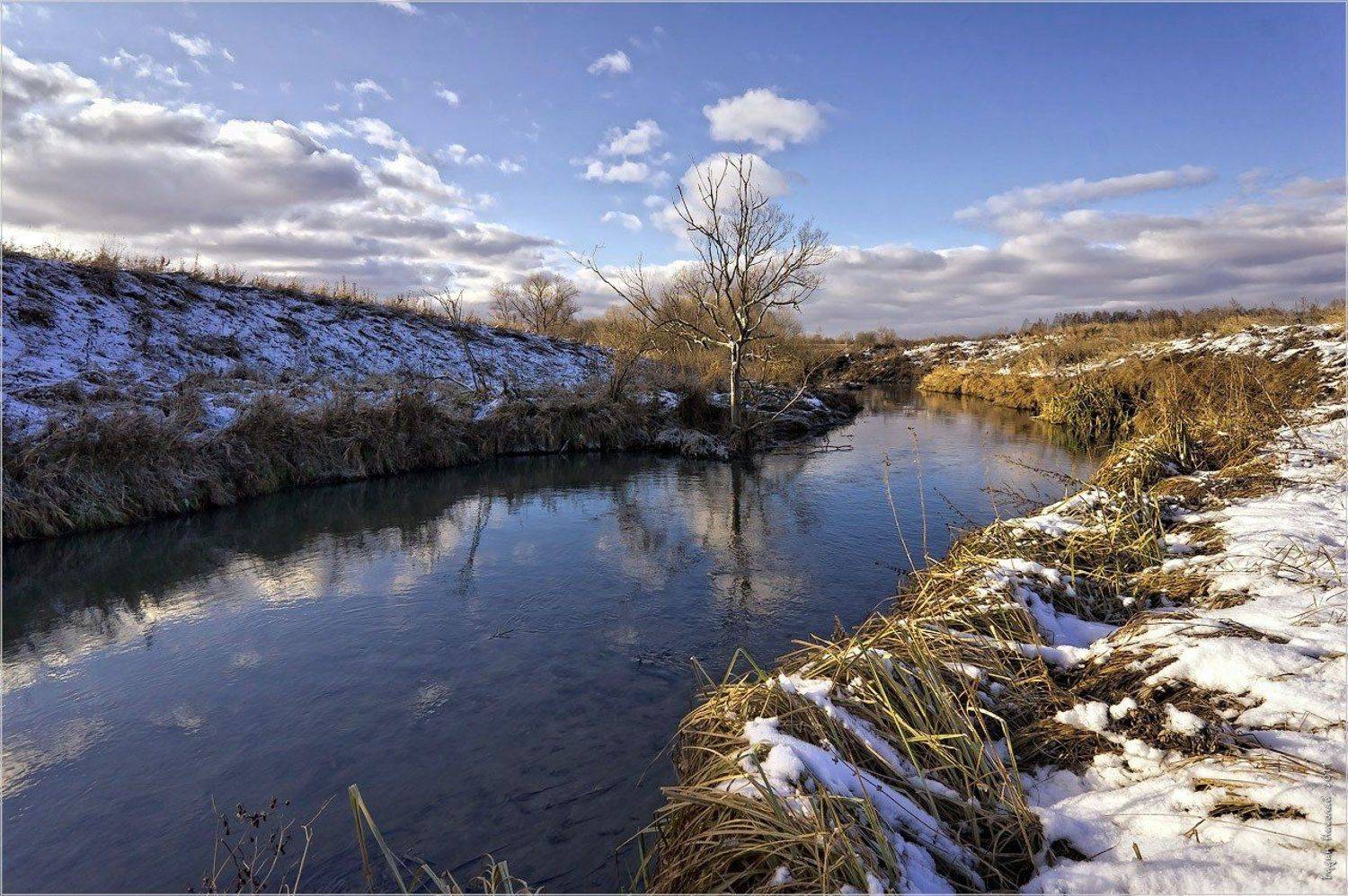 берег, вода, небо, облака, пейзаж, река, снег, Будин Николай