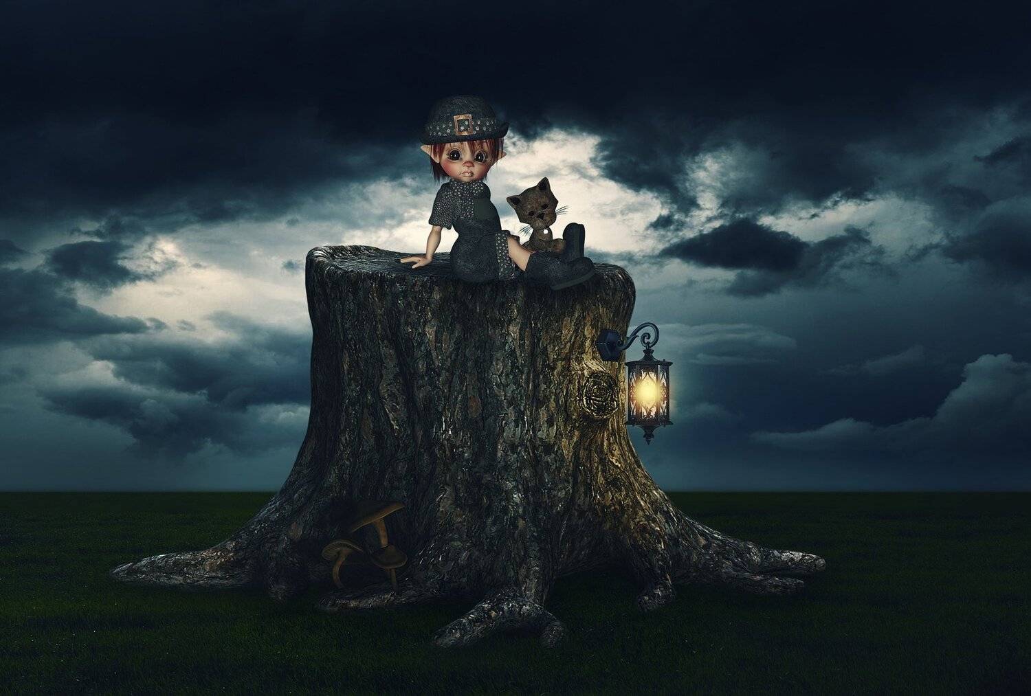 гном, ночь, облака, пень, собака, фонарь, Sergii Vidov