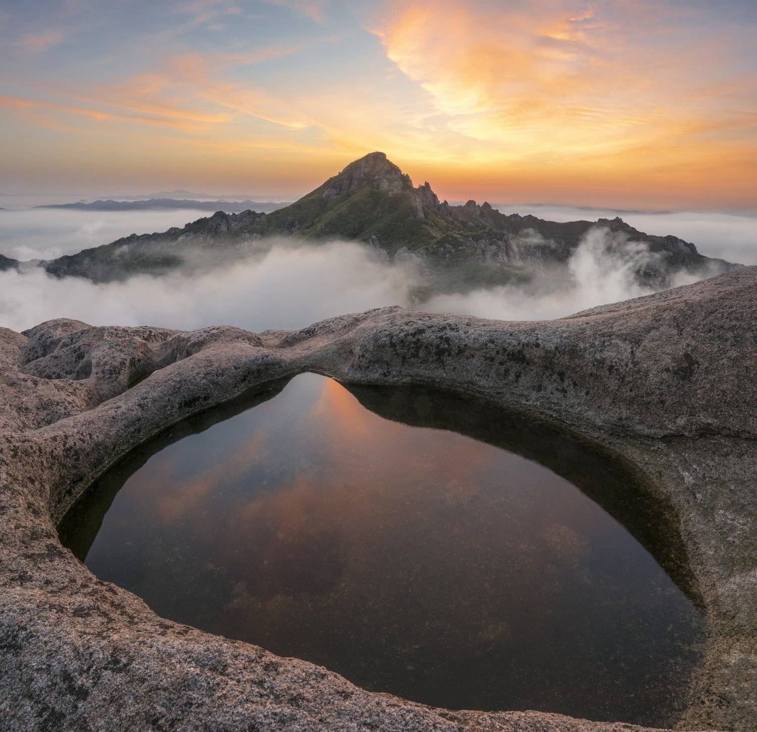 mountain, reflection, poolside, wolchulsan, sunrise, rocks, clouds, pool, wolchulsan national park, foggy, top, Jaeyoun Ryu