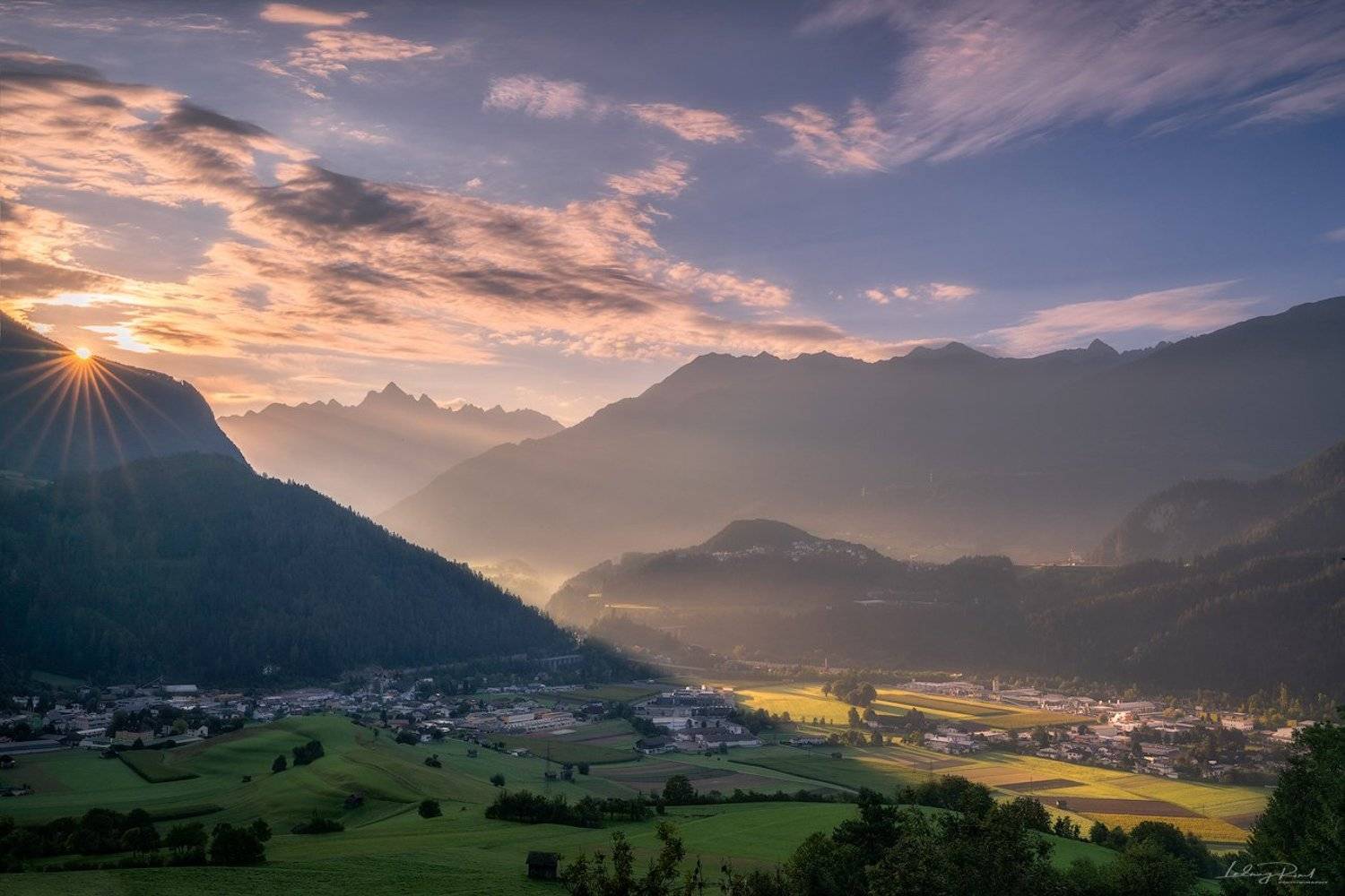 alps, austria, austrian alps, bridge, bushes, forest, grass, hauses, haze, hills, imst, inn valley, meadows, morning, morning light, morning mist, mountains, oetztal alps, outdoors, pitztal, road, sun, sunhaze, sunrays, sunrise, sunstar, tirol, town, wald, Ludwig Riml