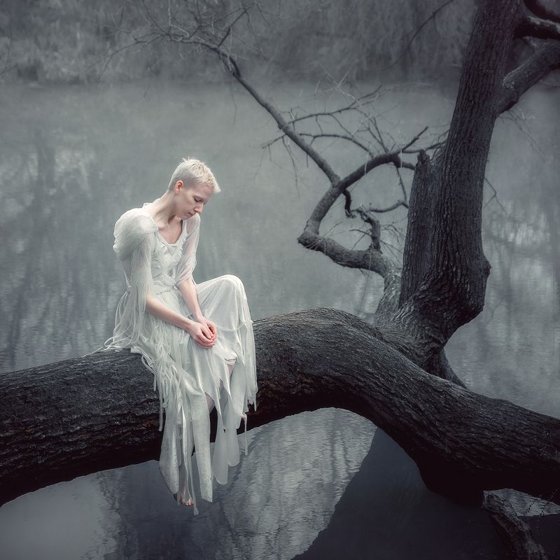 girl, portrait, angel, crow, white, nature, water, tree, dress, fatigue, sadness, silence, russia, krasnodar Fallen фото превью