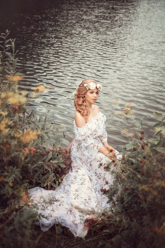 девушка, нимфа, река, лето, весна, зеленый, желтый, венок, girl, dress, spring, summer, green, yellow, river, nature, outdoor  фото превью