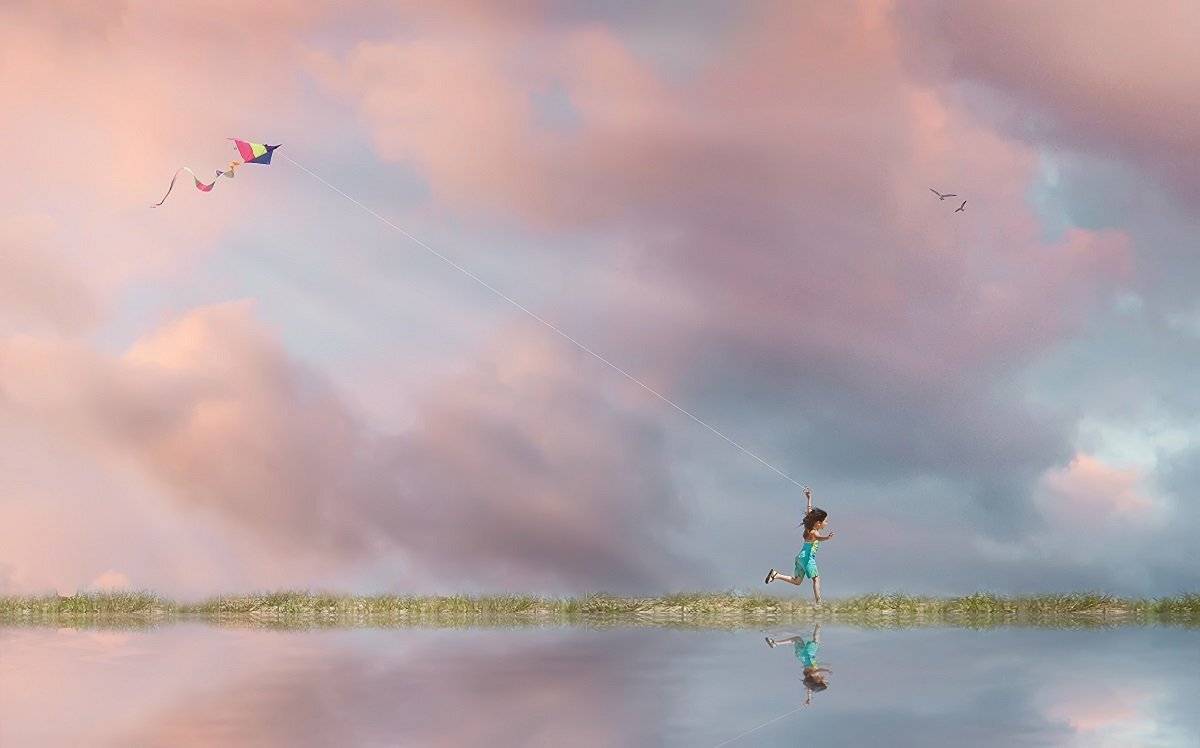 девочка, змей, облака, Sergii Vidov