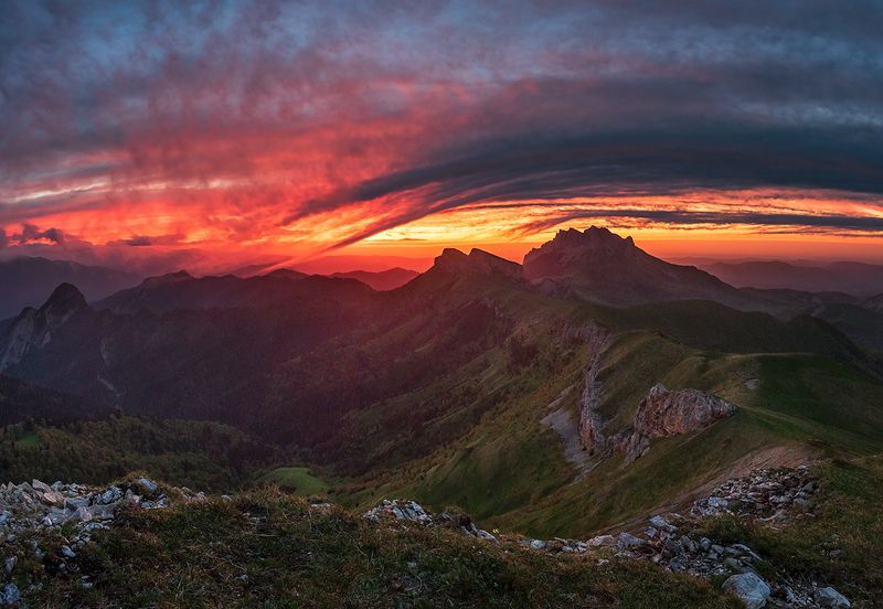 закат, большой тхач, малый тхач, асбестная, горы, пейзаж, рассвет, кавказ, адыгея, ачешбоки, Закат в \