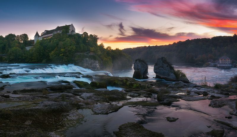 cityscape,travel,waterfall,sunset,landscape,panorama,swiss Rhinefalls фото превью