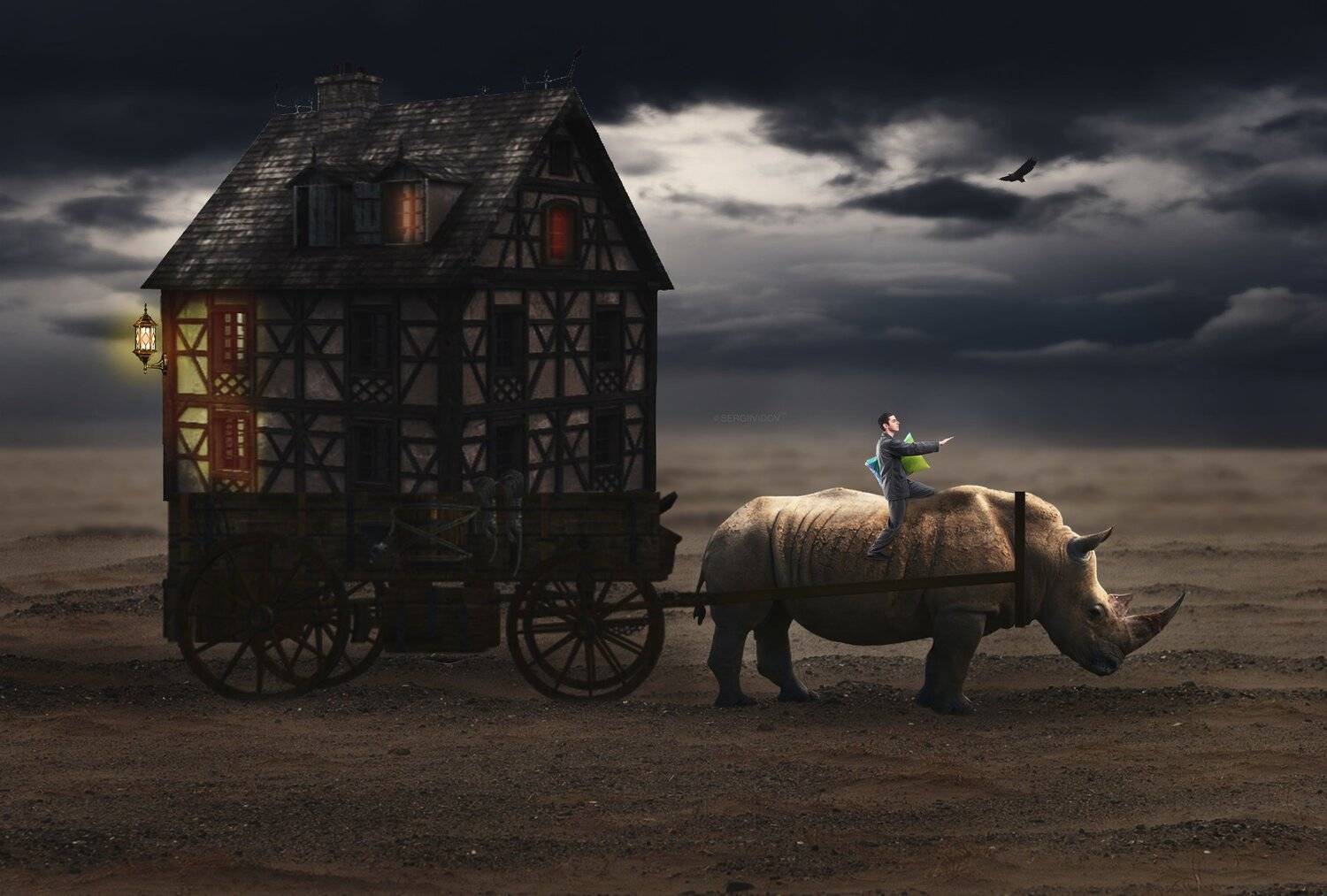 носорог, домик, телега, мужчина, Sergii Vidov