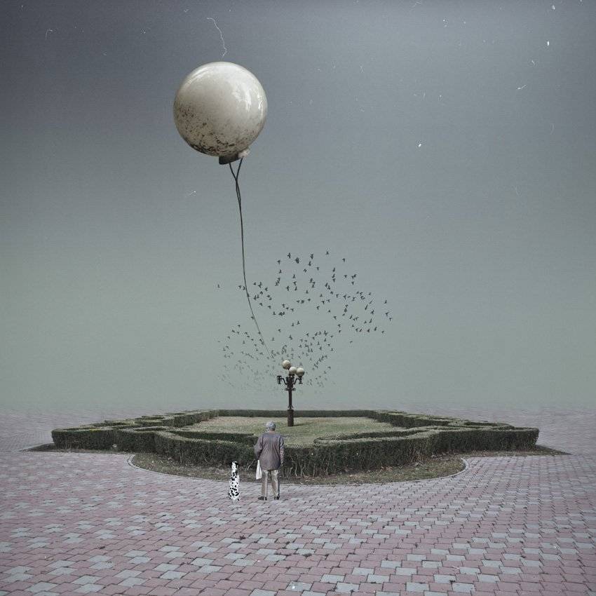 ballon, light, pole light, man, dog, grass, garden, birds, surreal, fly, scratch, Caras Ionut
