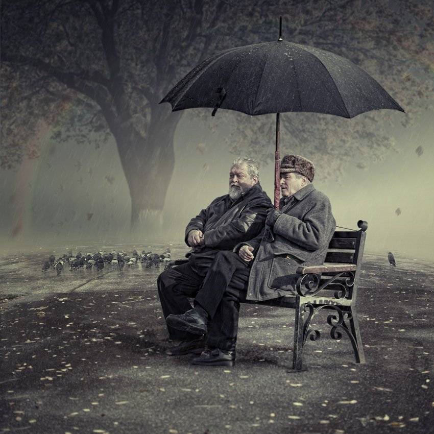 rainbow, umbrella, rain, tree, drops, leaf, bench, man, sitting, surreal, men, wet, fantasy, storyteller, cheating, Caras Ionut