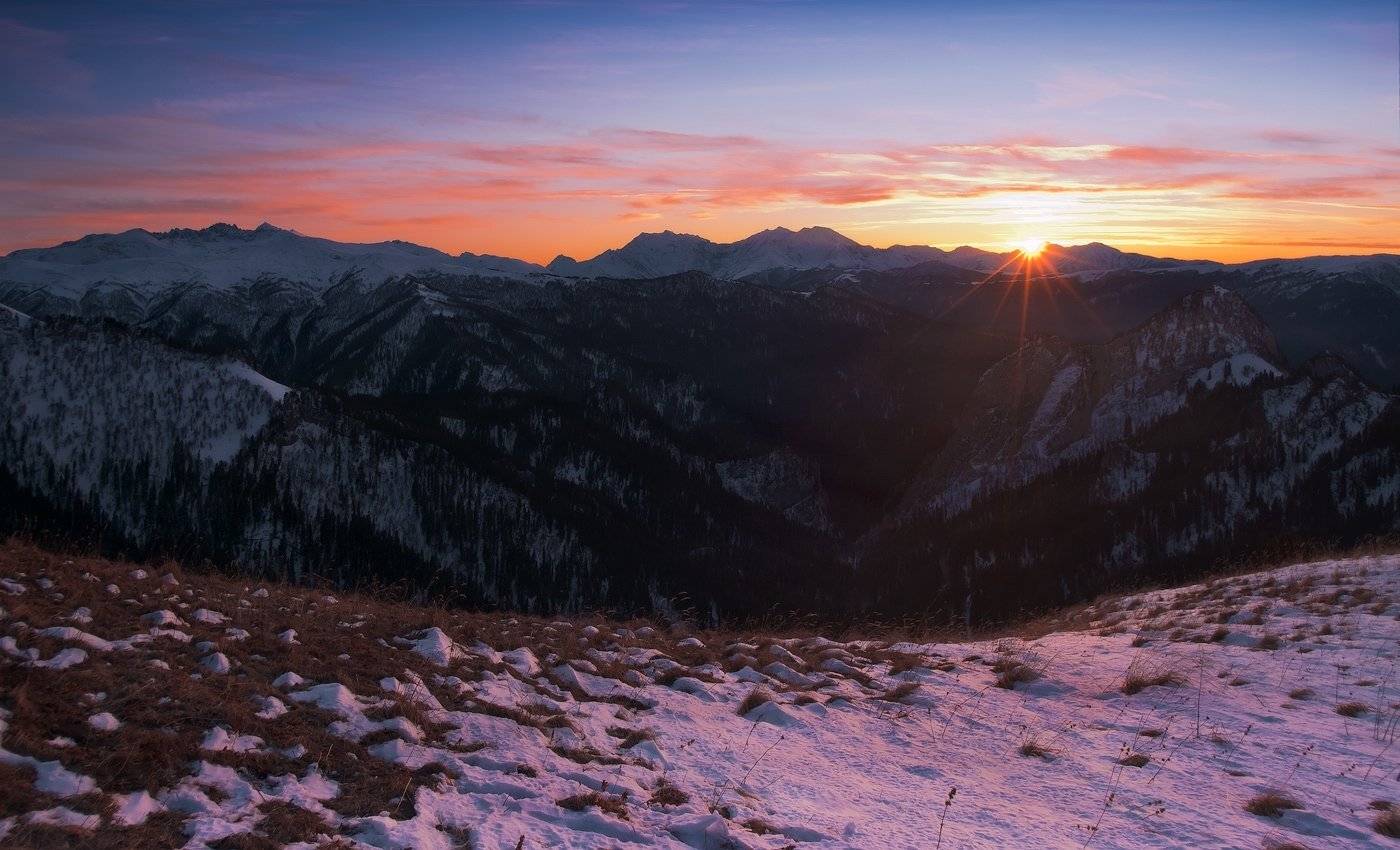 горы, кавказ, рассвет,  зима январь, ФЁДОР