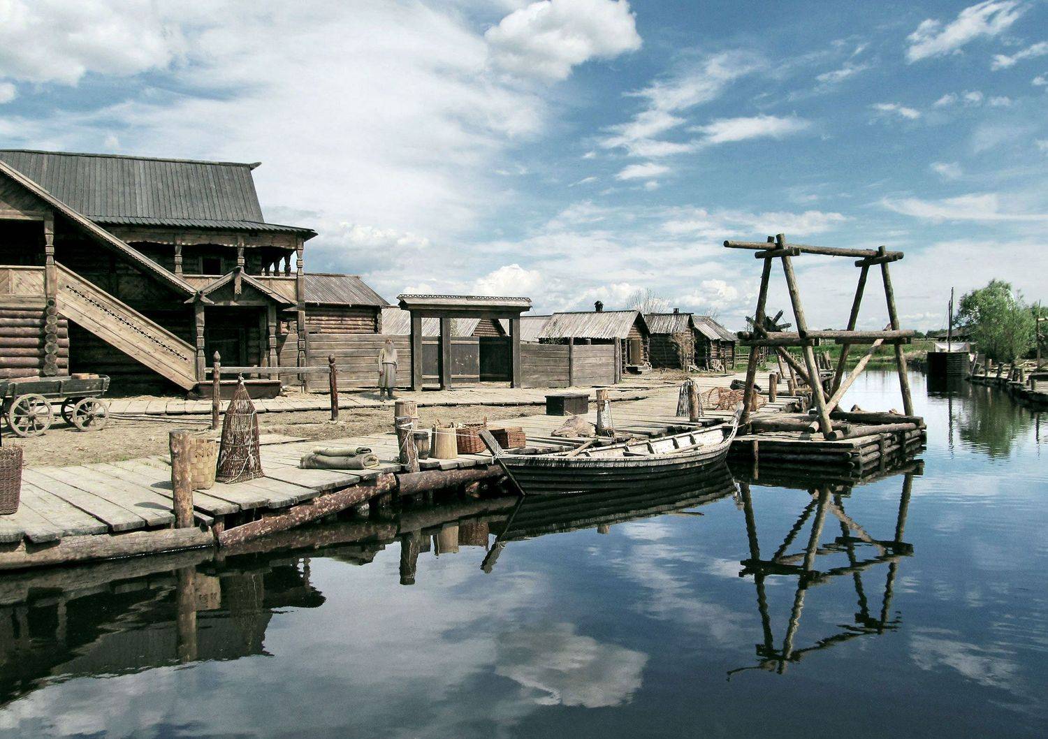 пейзаж, река, посёлок, берег, пристань, лодки., Вера Лопатина