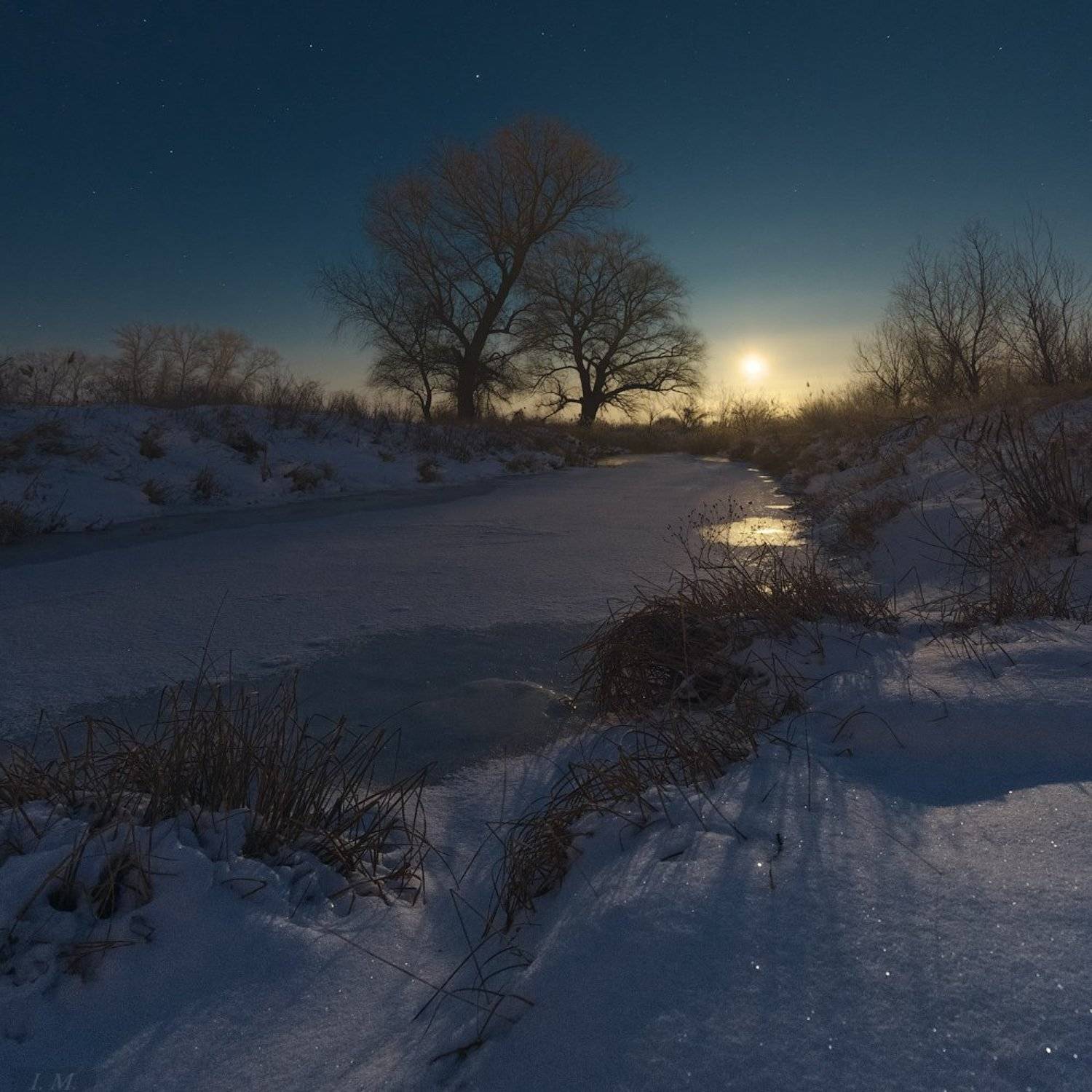 light, moon, night, river, winter, деревья, звездное небо, звезды, зима, луна, мороз, небо, ночная съемка, ночной пейзаж, ночь, пейзаж, речка, снег, moonrise, nightscape, night photography, starry sky, Ivan Maljarenko 