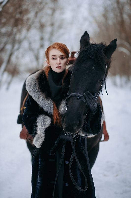 girl, portrait, redhead, russia, horse, black, winter, snow, fujifilmru, fujifilm, xtrance, mirrorless, девушка, портрет, рыжая, лошадь, зима, россия, иваново, беззеркалка, бзк, фуджи, кирилл соколов, kirill sokolov,  Anna фото превью