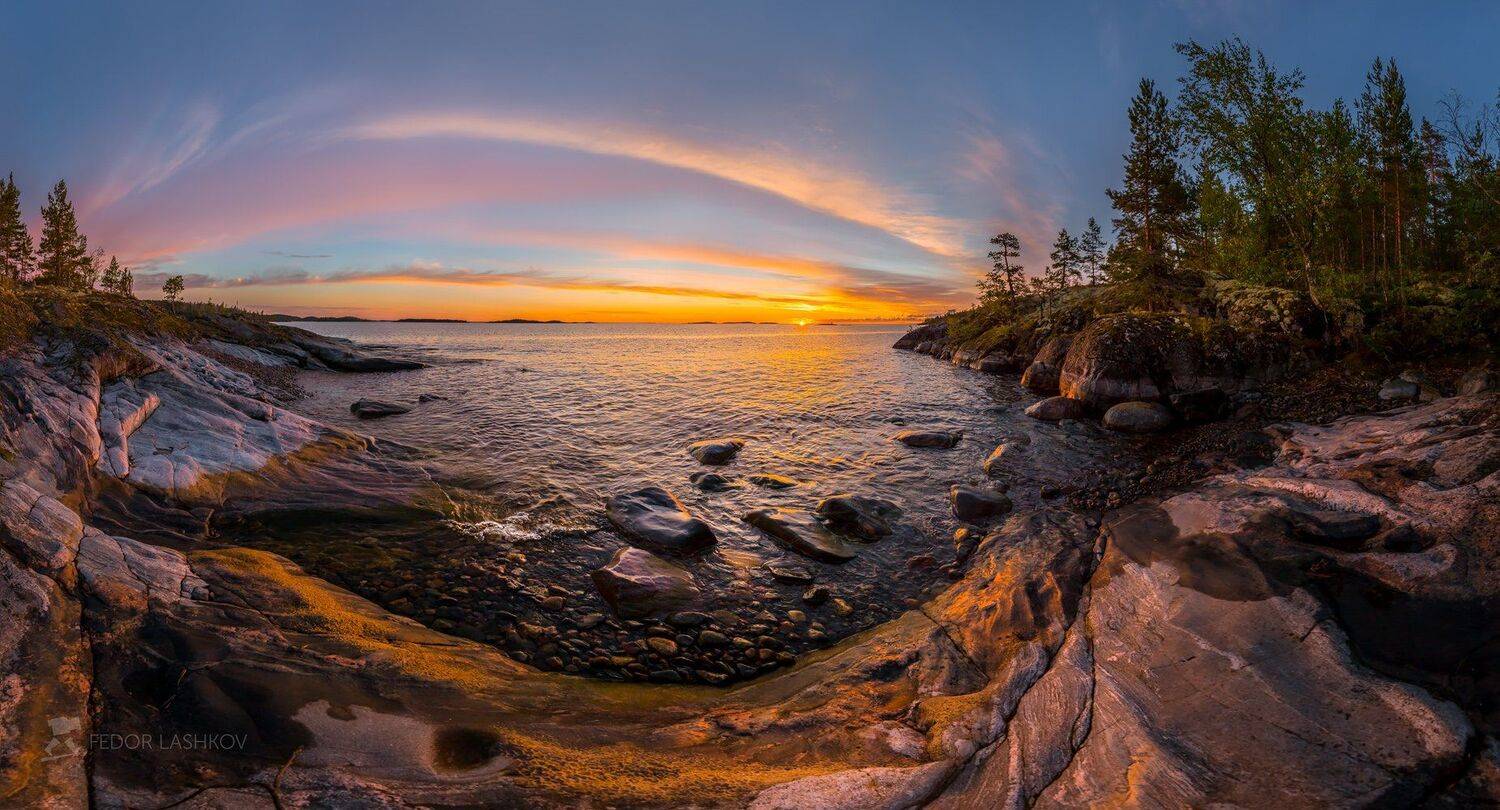 ладожское озеро, карелия, лето, август, остров, рассвет, сосна, острова, шхеры, вода, бухта, мыс, заря, небо, облака, камни, панорама, Лашков Фёдор