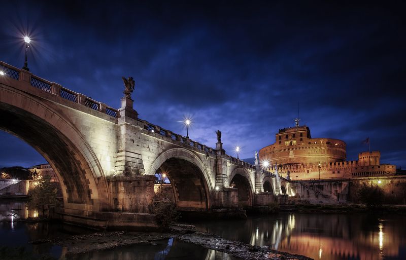 rome, city, night, architecture, italy, river, sunset, blue, light, Rome, Eternal City фото превью
