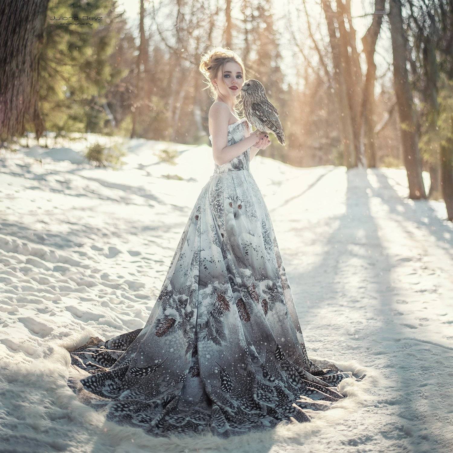 девушка, сова, зима, красота, природа, платье, Juliana Bevz