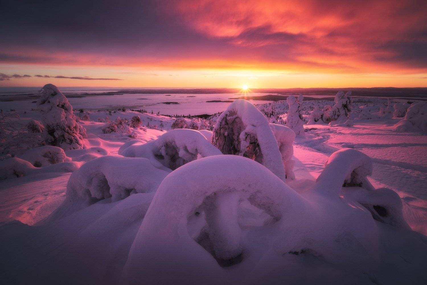 россия, кольский полуостров, мурманская область, кандалакша, природа, пейзаж, зима, горы, сопка, снег, закат, лесотундра, белое море, Оборотов Алексей