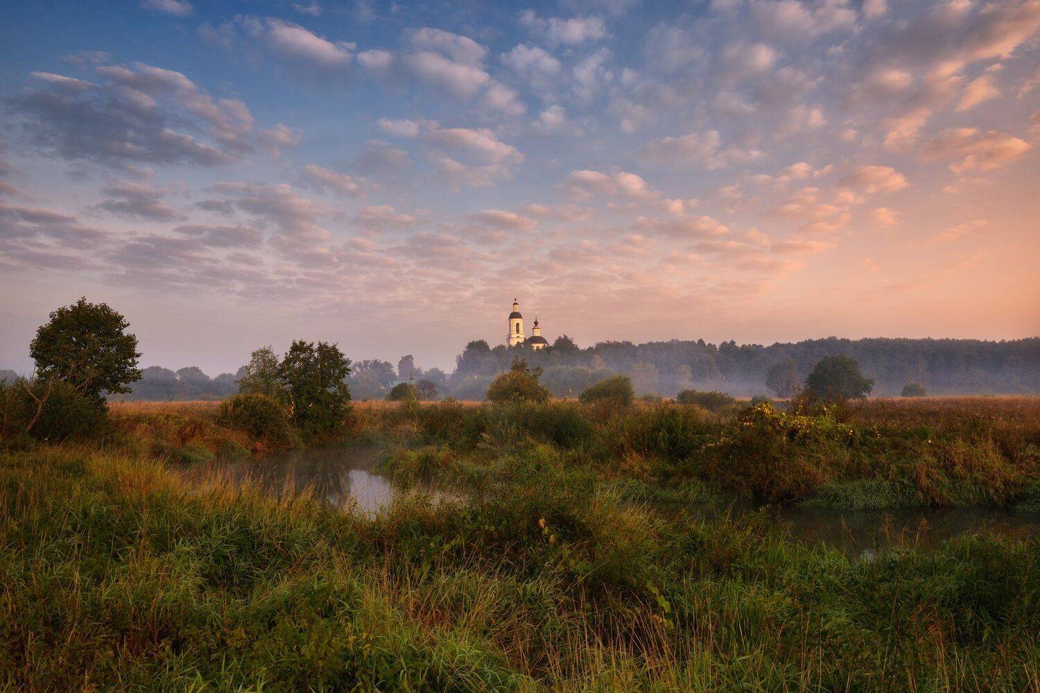 утро,рассвет,река,небо,облака,туман,храм, Виталий Полуэктов