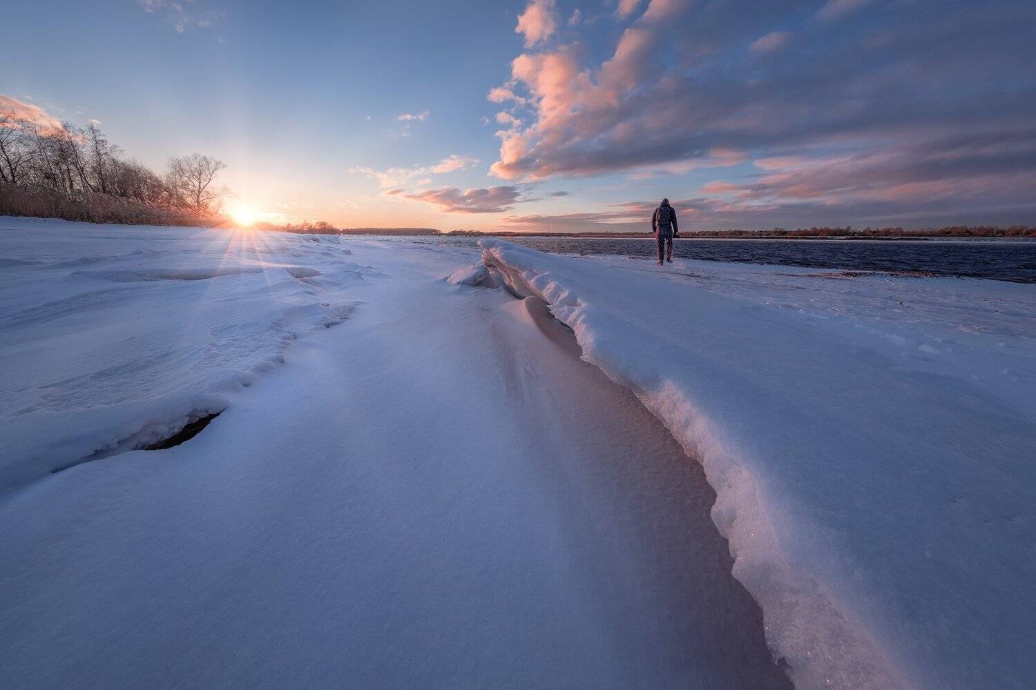 дубна, волга, ратмино, пейзаж, закат, солнце, берег, лед, снег, вода, река, фотограф, Андрей Чиж