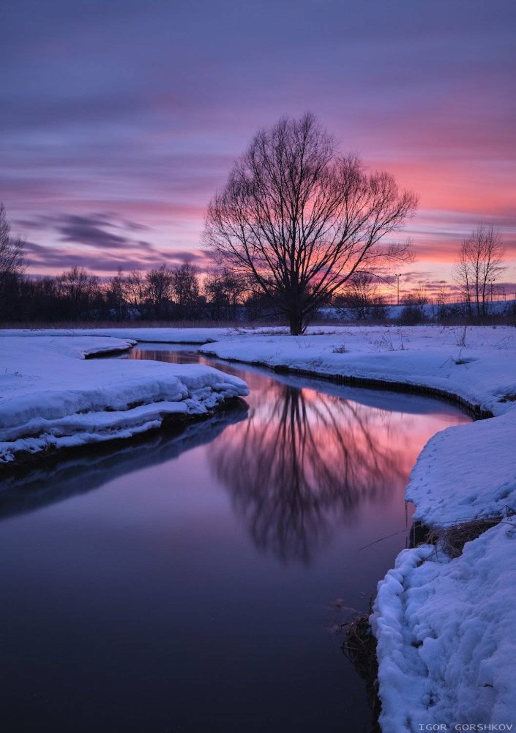 подмосковье,закат,река,яуза,тайнинское,вечер,зима,весна,март,вода,отражения,дерево,природа,снег,берег,длинная выдержка,пейзаж, Горшков Игорь