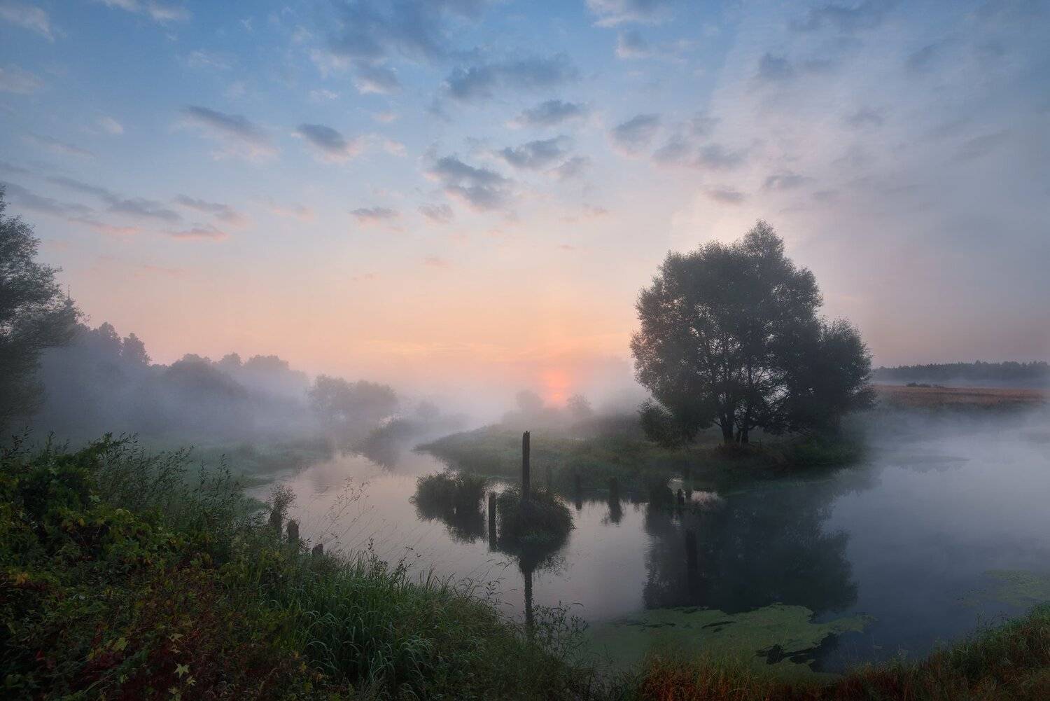 утро, рассвет, река, небо, облака, солнце, туман, Виталий Полуэктов