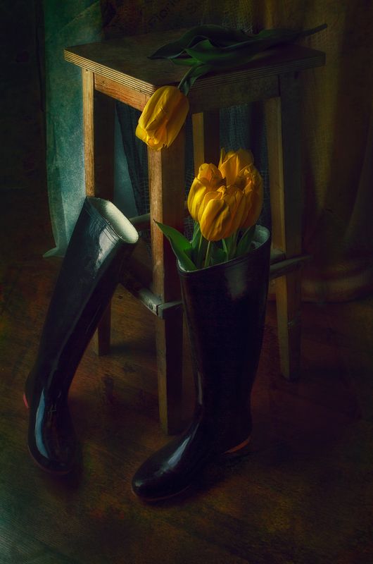 тюльпаны, сапоги, табуретка, натюрморт, separated фото превью