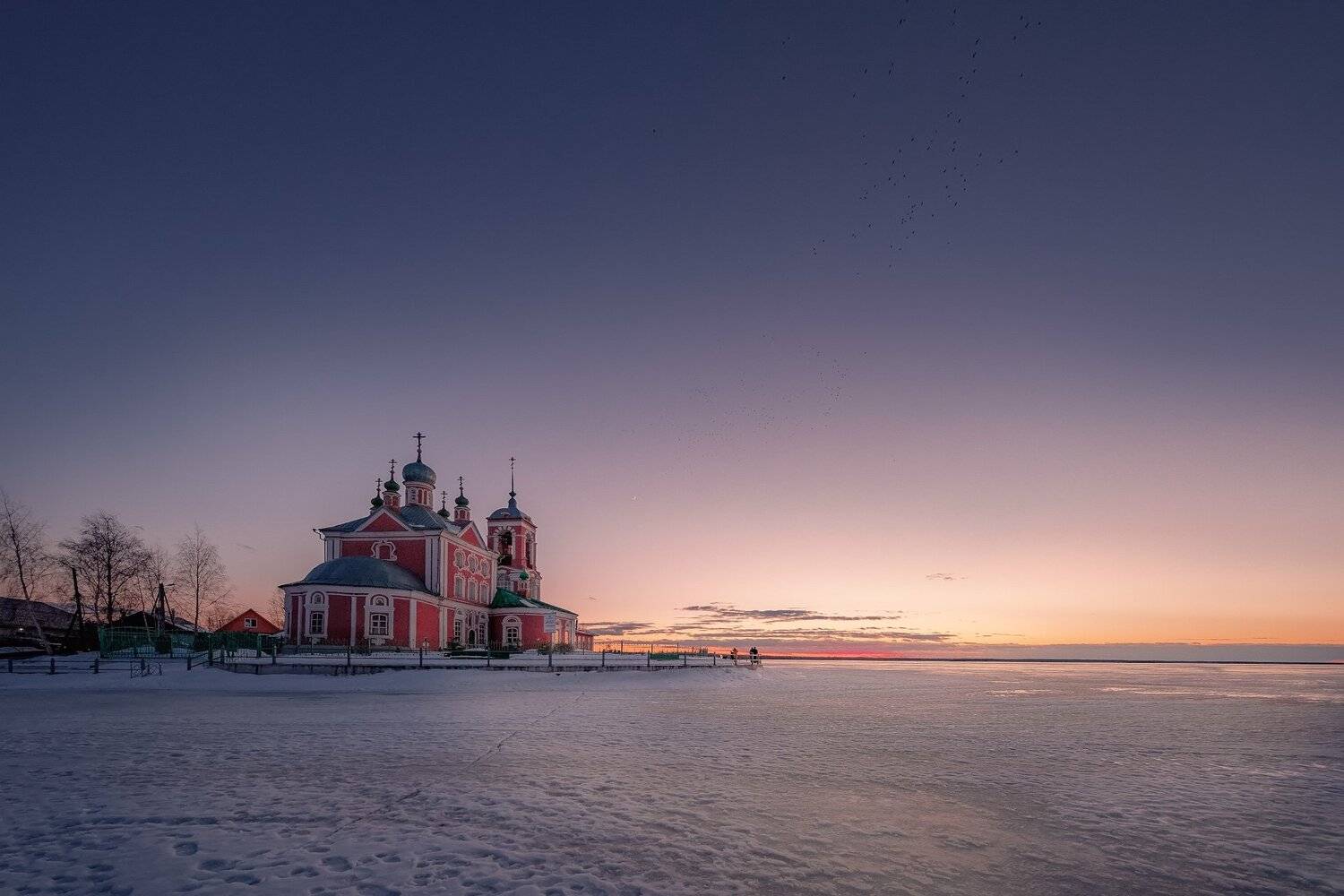плещеево, озеро, закат, храм, птицы, стая, март, лед, снег, переславль, переславль-залесский, Андрей Чиж