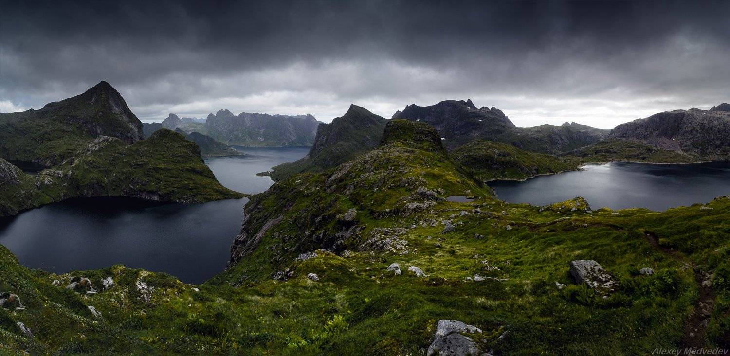 lofoten, summer, norway, cold, fjord, dark, rocks, mountains, lake, green, норвегия, север, фьорды, горы, north, лофотены, monkebu, moskenes, moskenes&oslash;ya, Алексей Медведев