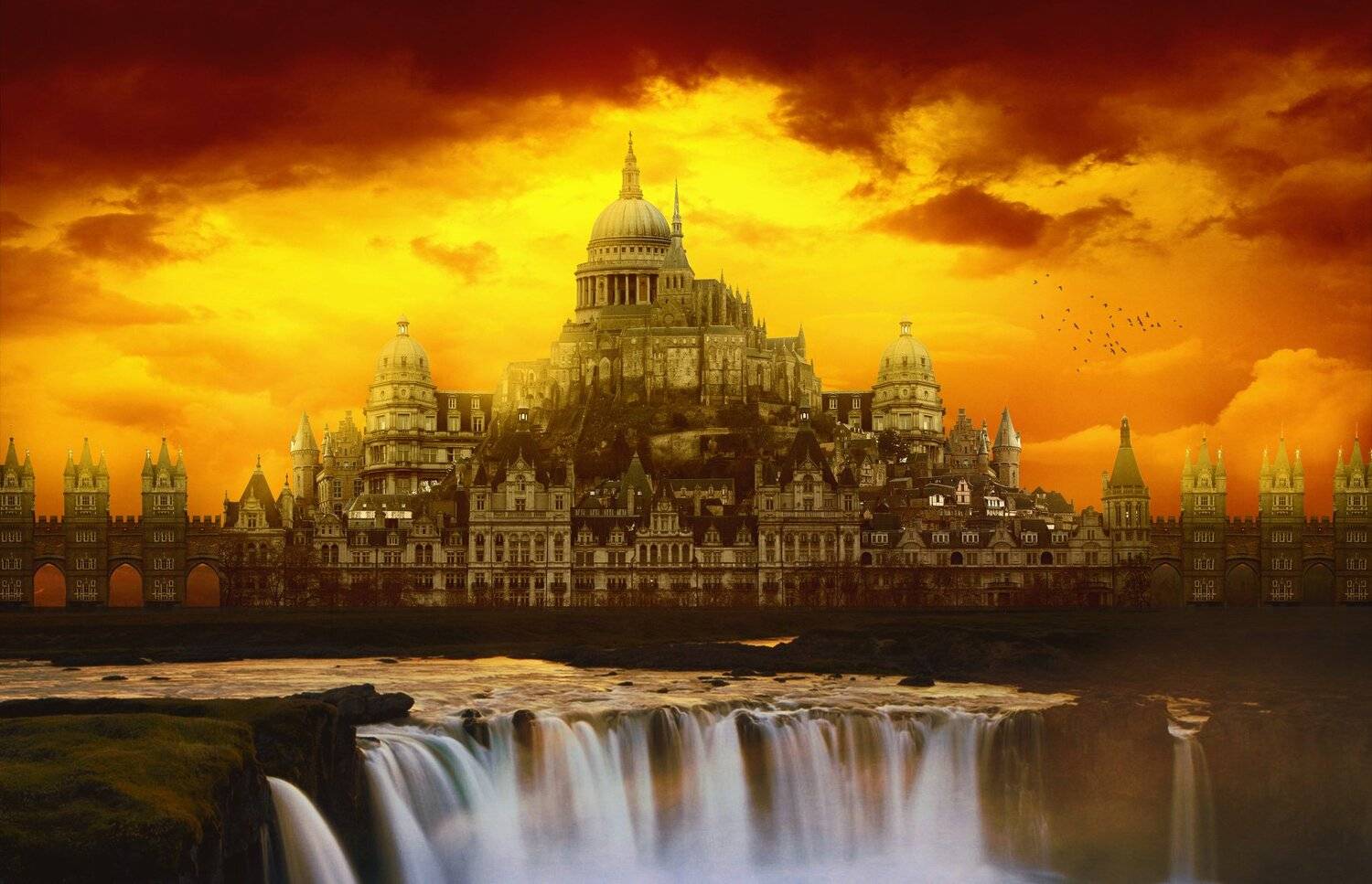 город, водопад, небо, облака, Sergii Vidov