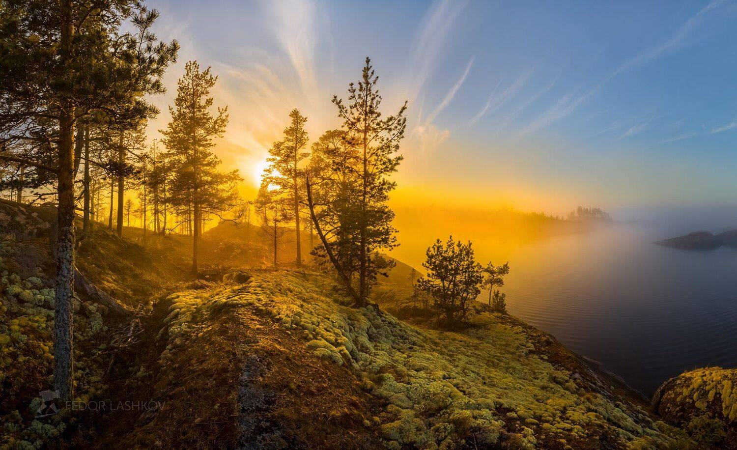 ладожское озеро, карелия, шхеры, лето, туман, скалы, лес, сосны, берег, фототур, остров, путешествие, плавание, вода, солнце, закат, отражение, лучи, остров, мох, ягель, деревья, туризм, небо, Лашков Фёдор