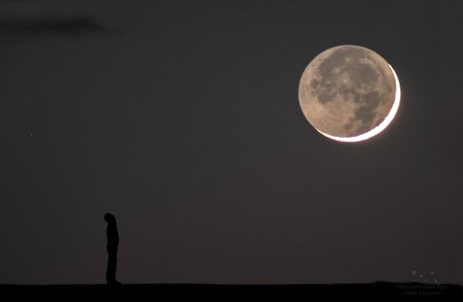 луна, месяц, звезды, силуэт, ночь, астрофото, пепельный свет луны, телескоп, Харланов Никита