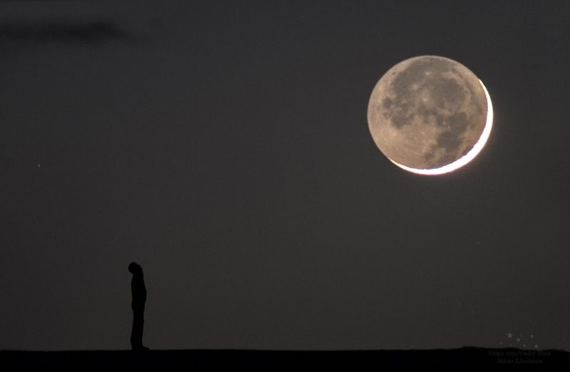 луна, месяц, звезды, силуэт, ночь, астрофото, пепельный свет луны, телескоп Прогулка под Луной фото превью