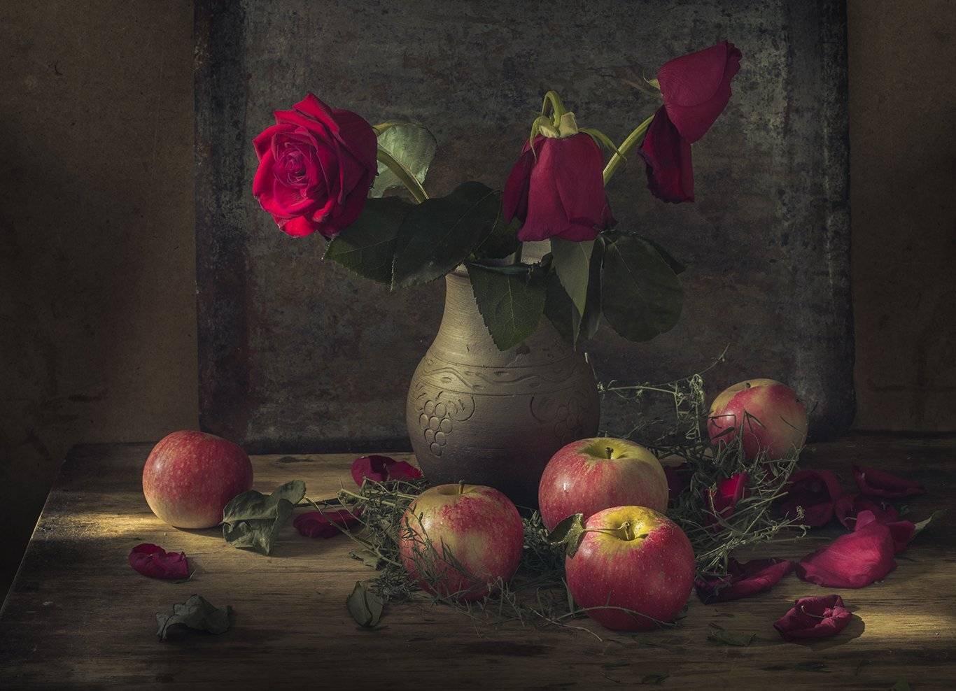 натюрморт,яблоки,розы, Елена Рубинская