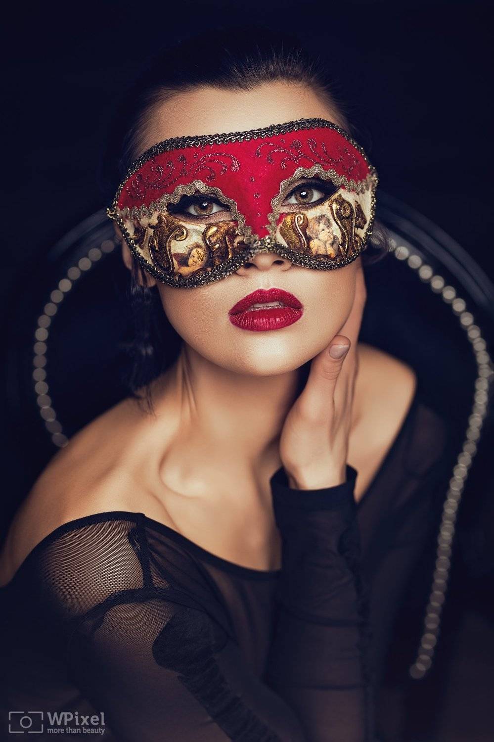 portrait women eyes brunette mask, Wojtek Polaczkiewicz