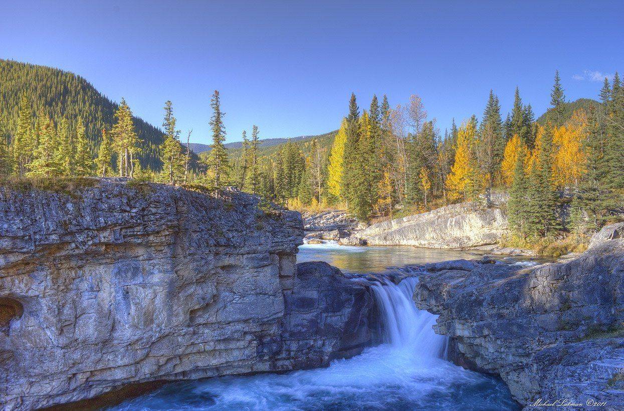 mountains, fall, sunrise, colors, waterfall, Michael Latman