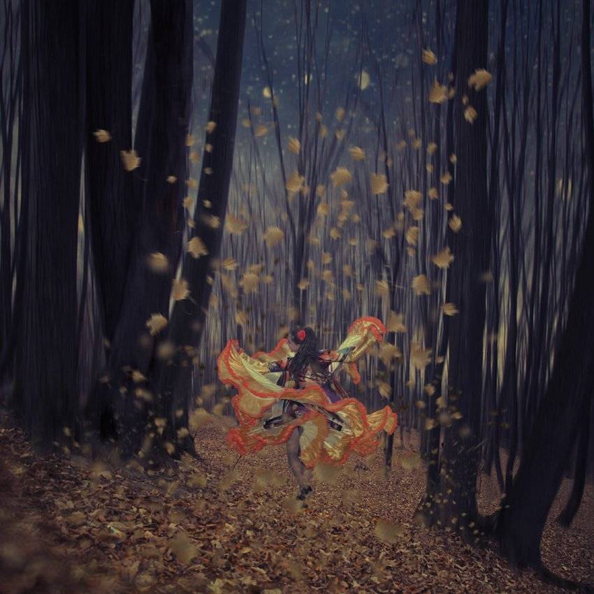 forest, night, wind, tree, leaf, butterfly, woman, dancer, spark, Caras Ionut