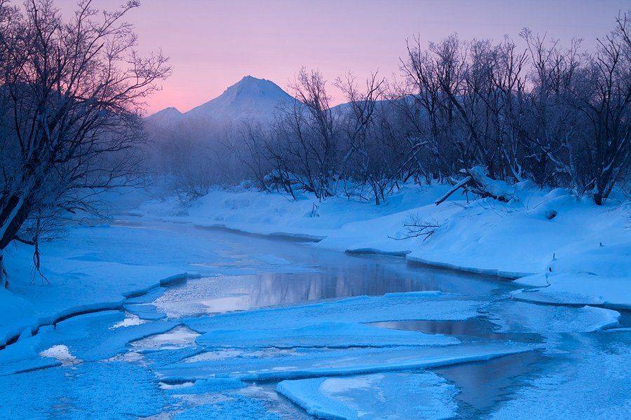 камчатка, вулкан, лёд, снег, река, рассвет, Денис Будьков
