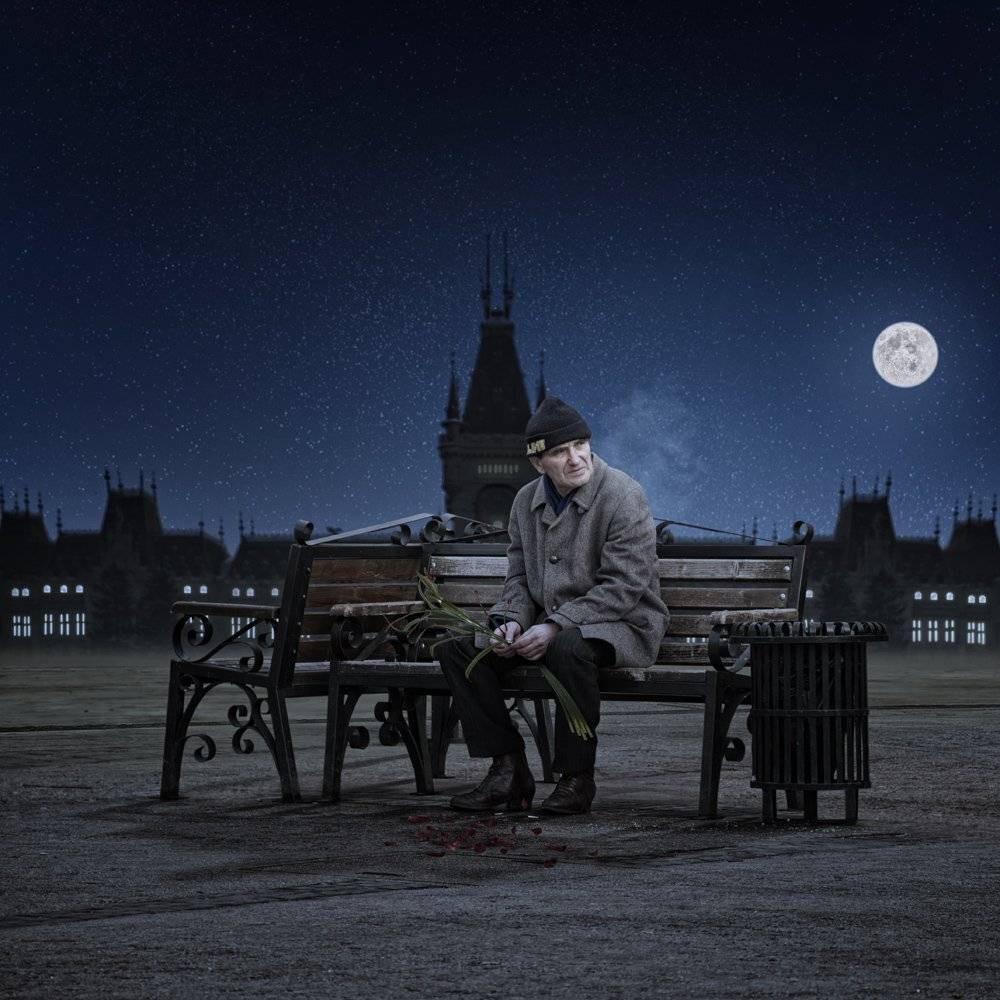 flower, night, bench, moon, man, alone, wait, rose, broken, steam, light pole, Caras Ionut