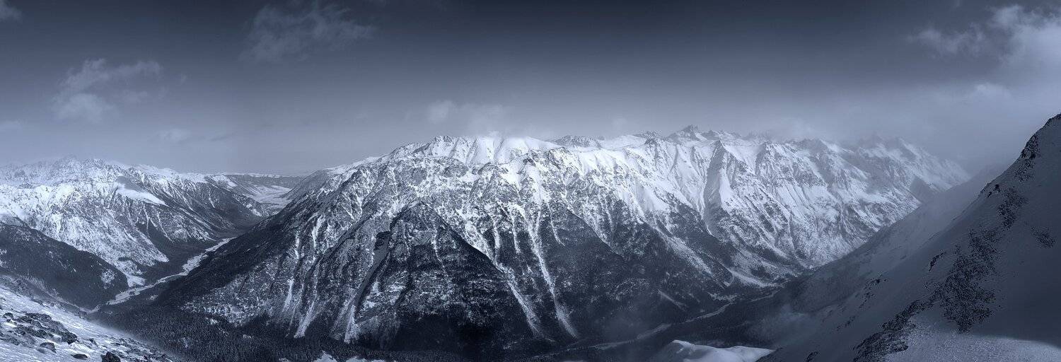 горы, скалы, ущелье, лес, зима, снег, панорама, Serj Master