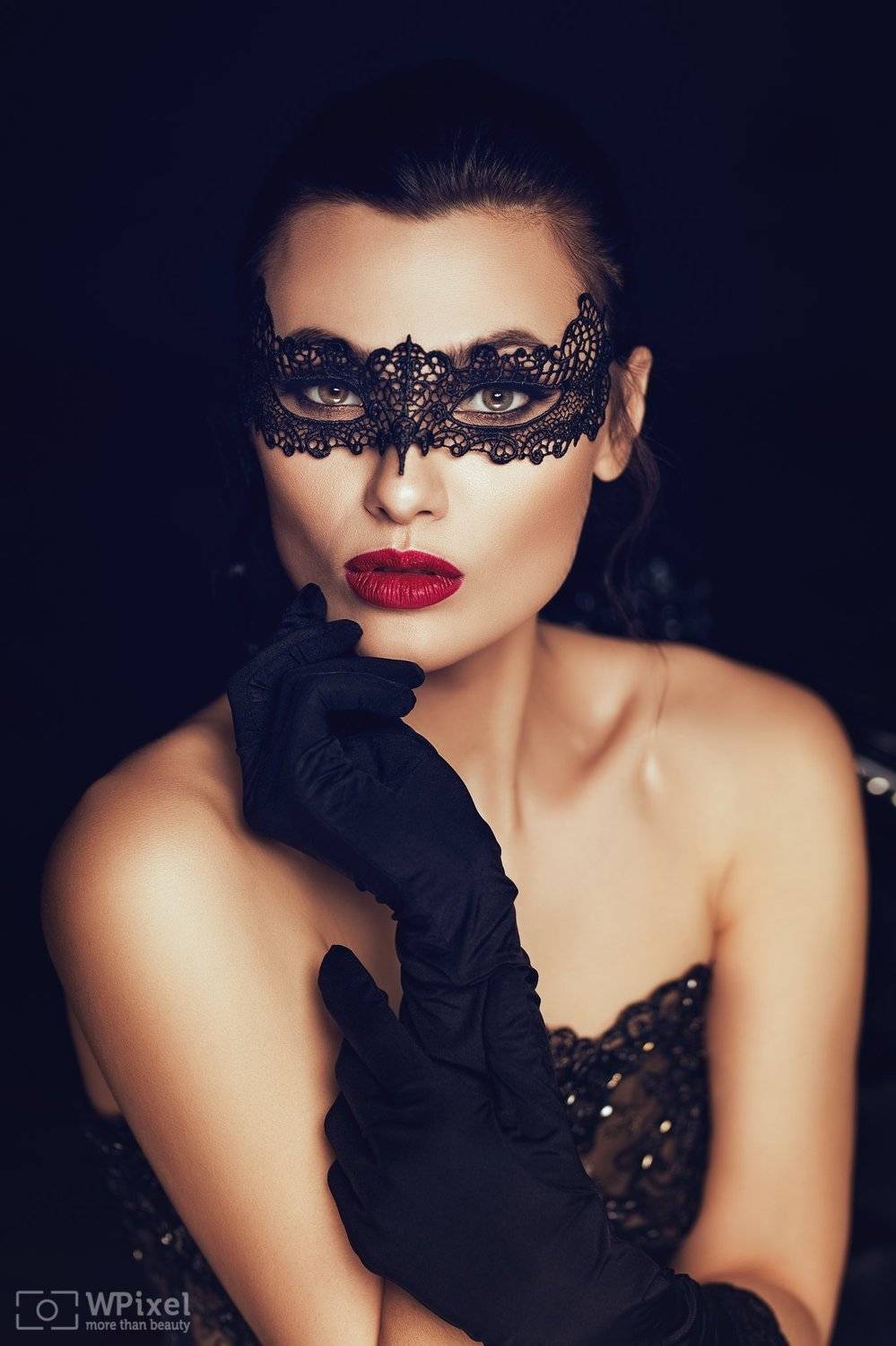 portrait women eyes brunette mask, Wojtek Polaczkiewicz