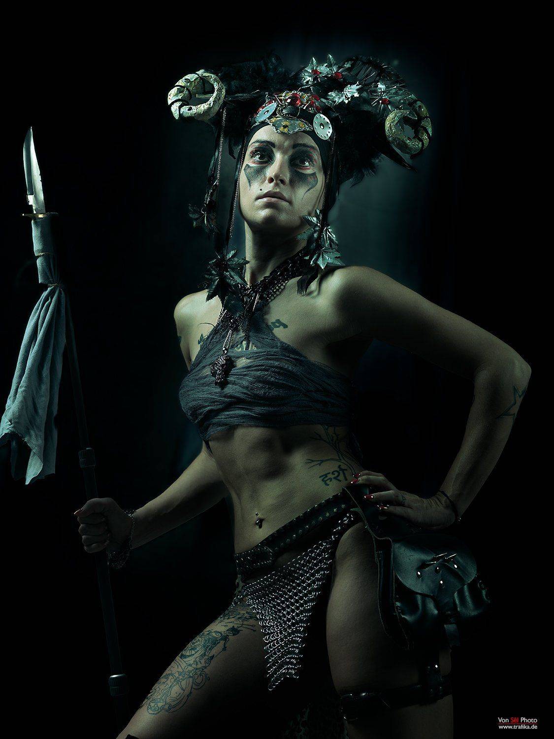 girl, warrior, darkness, spear, horns, skin, Von Sel