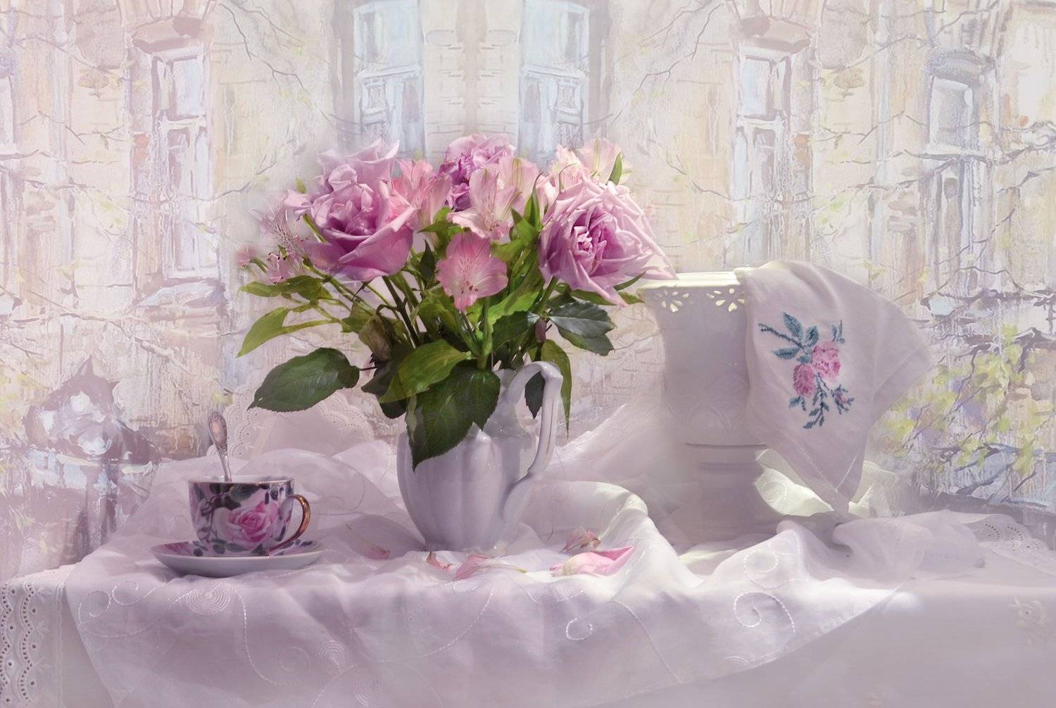 still life,натюрморт,фото натюрморт, весна,март,цветы, розы, альстромерия, фарфор, Колова Валентина