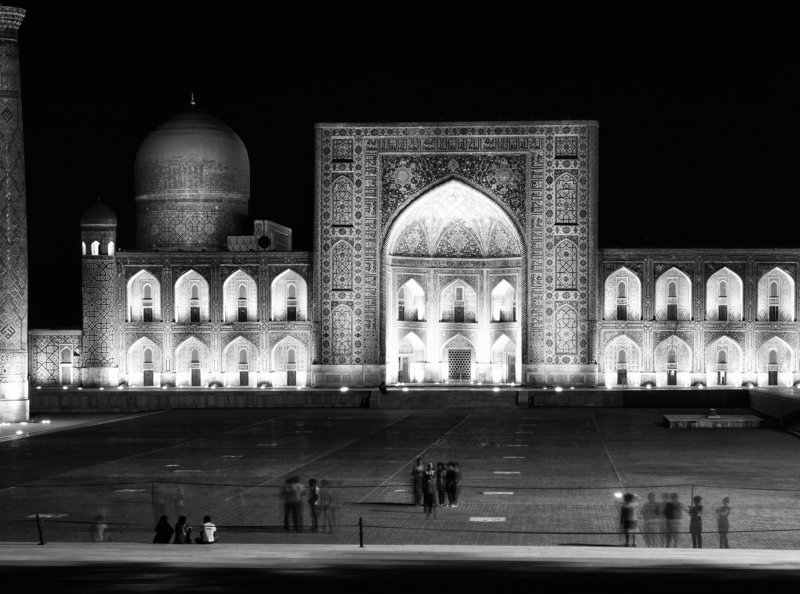 Black and white, City, Monochrome, Uzbekistan, Samarkand, Registan Registan at midnight фото превью