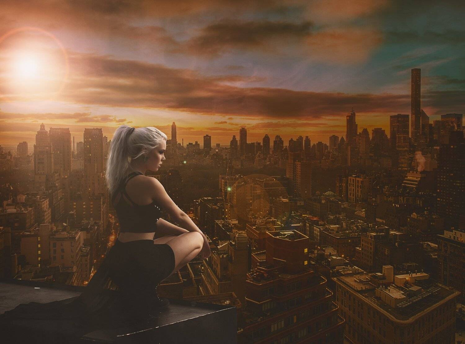 девушка, небо, город, Sergii Vidov