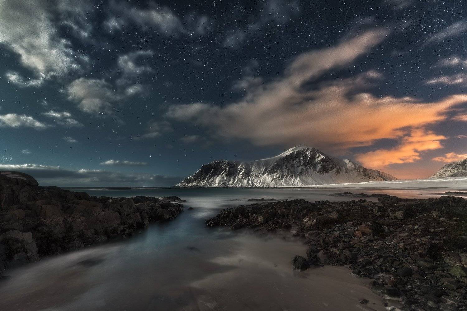 night, star, mysty, lofoten, skagsanden, moonlight, light, beach, seascape, mountains,  sea, norway, clouds, Bartłomiej Kończak
