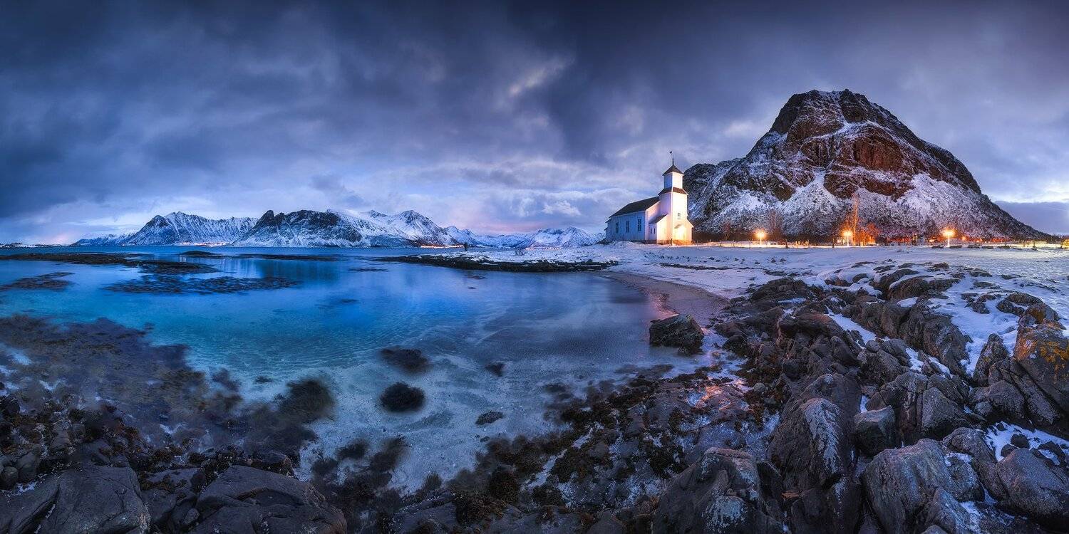 gimsoya, lofoten, gims&oslash;y kirke, norway, seascape, church, mountains, mountain, ocean, blue,  blue hour, rocks, clouds, landscape, Bartłomiej Kończak